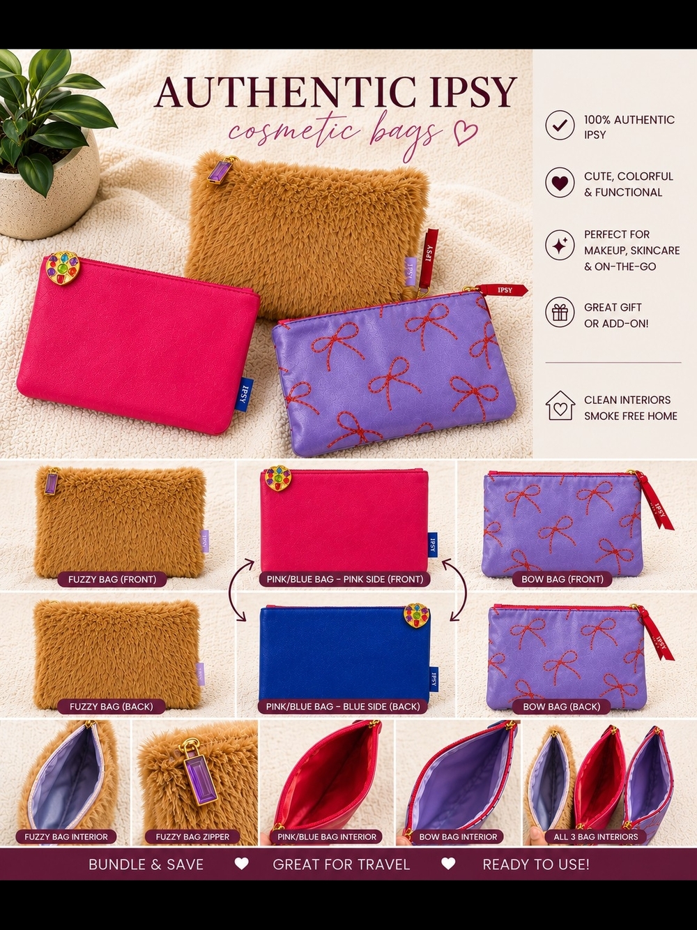 ipsy Makeup Bag Trio Fuzzy Brown Pink/Blue, Purple & Red Bow Print Cosmetic Bags